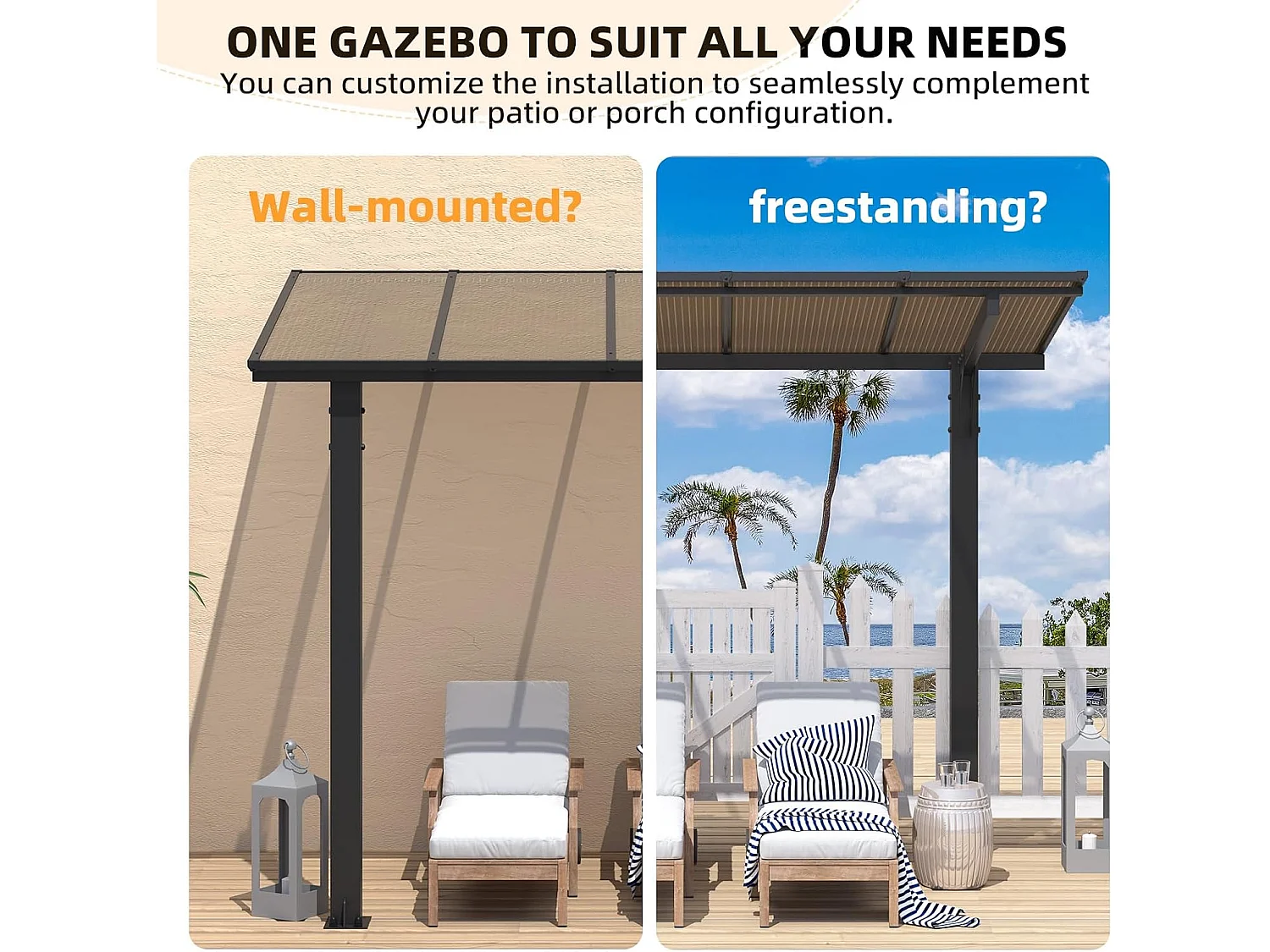 YODOLLA Freistehende Hartdach-Pergola 3x3m, Gartenpavillon-Carport mit Schrägdach für Terrasse & Terrassendeck