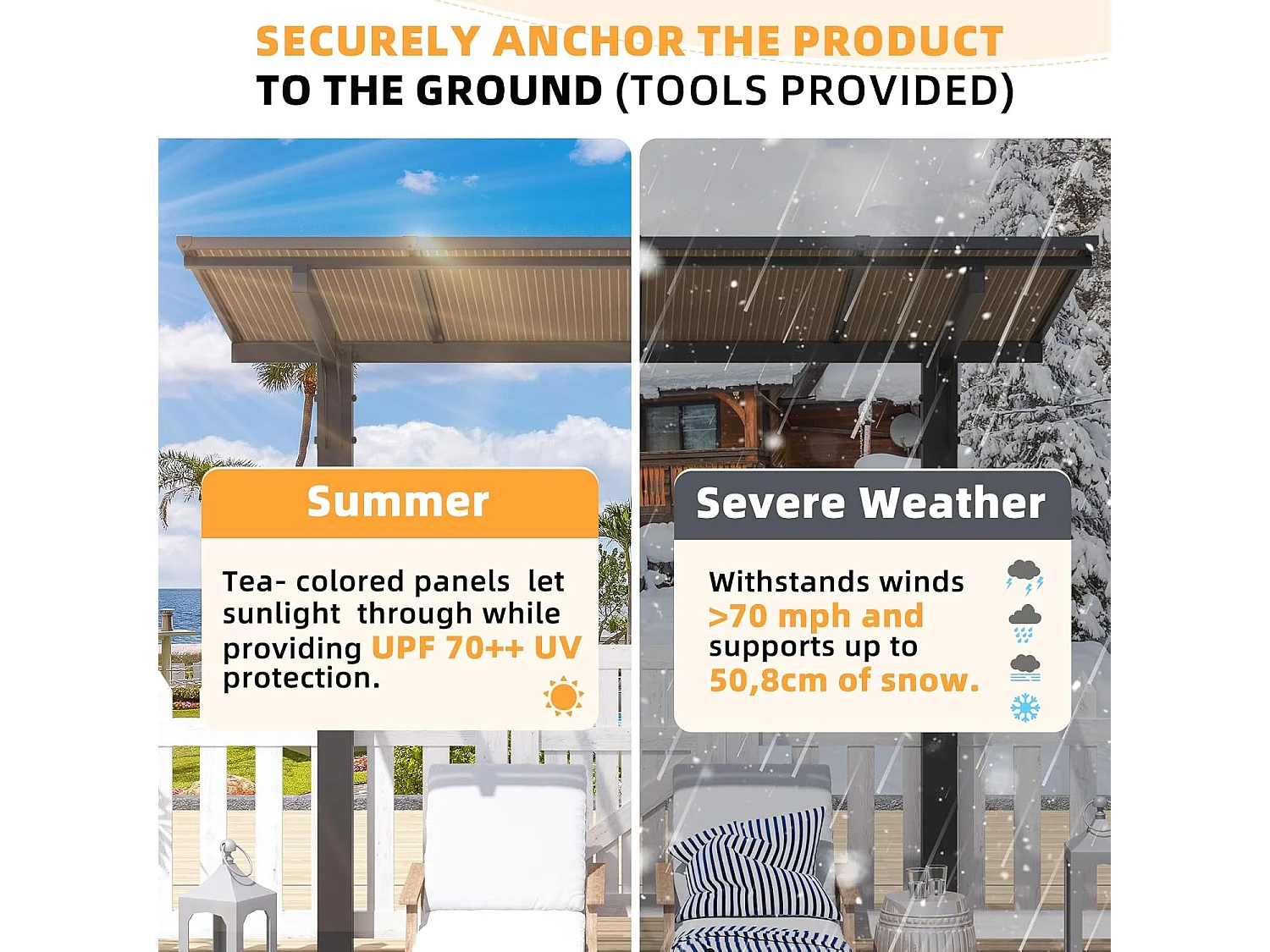 YODOLLA Freistehende Hartdach-Pergola 3x3m, Gartenpavillon-Carport mit Schrägdach für Terrasse & Terrassendeck