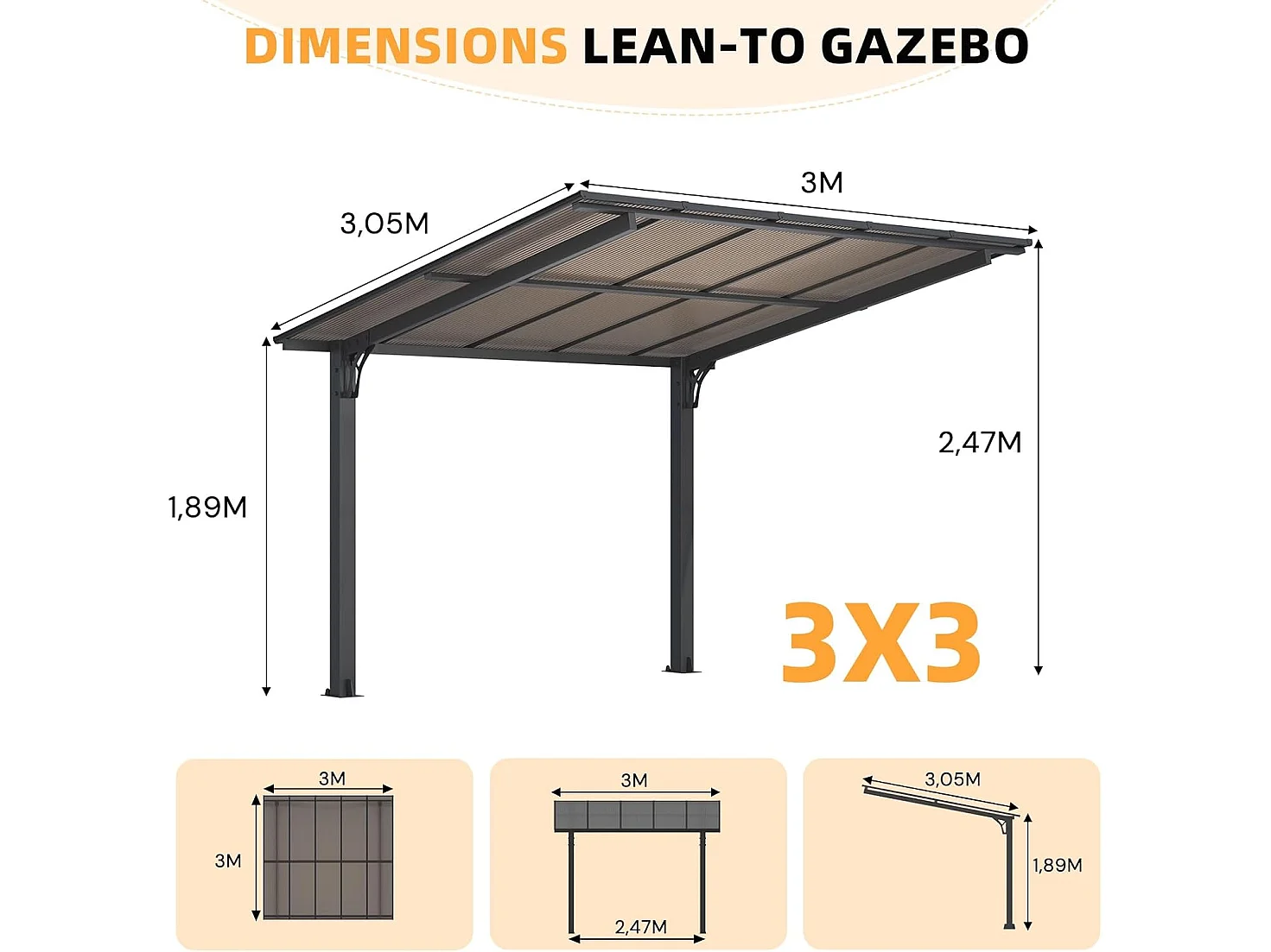 YODOLLA Freistehende Hartdach-Pergola 3x3m, Gartenpavillon-Carport mit Schrägdach für Terrasse & Terrassendeck