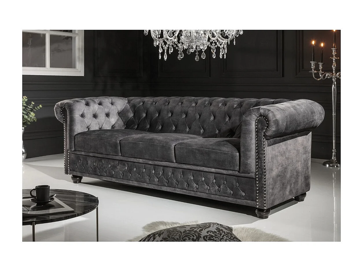 Canapé droit EDGAR – Gris foncé – 3 places – Velours style baroque