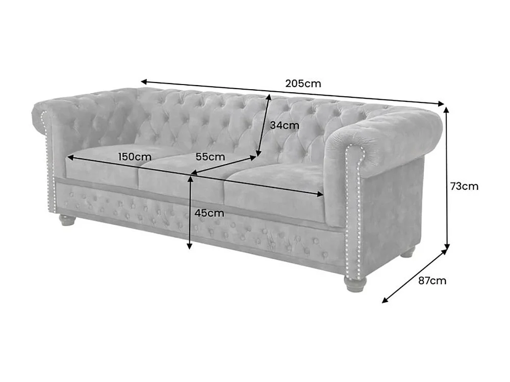 Canapé droit EDGAR – Gris foncé – 3 places – Velours style baroque