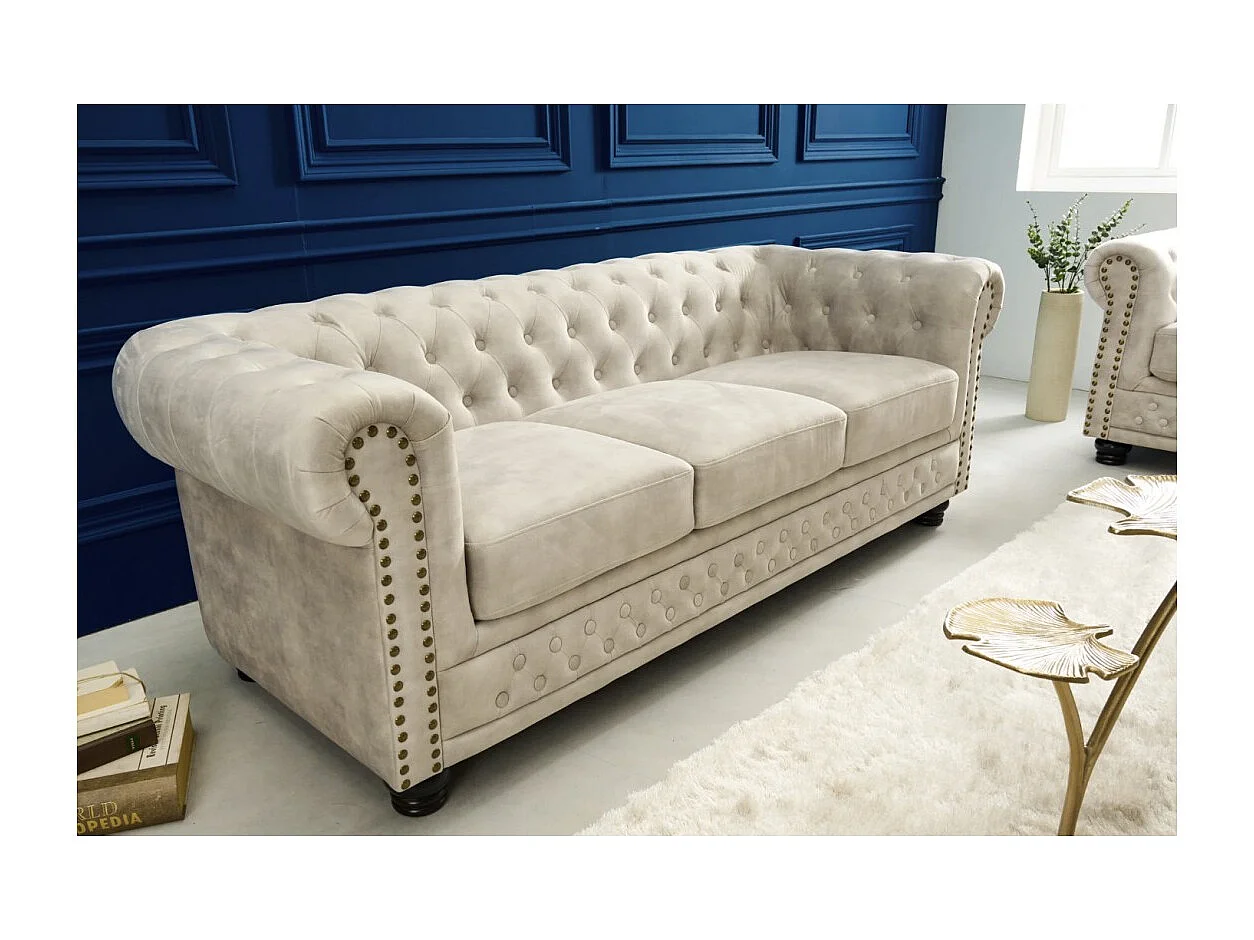 Canapé droit EDGAR – Blanc champagne – 3 places – Velours style baroque