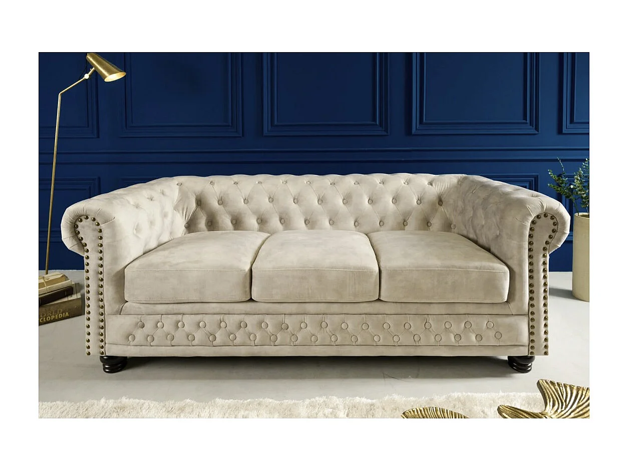 Canapé droit EDGAR – Blanc champagne – 3 places – Velours style baroque