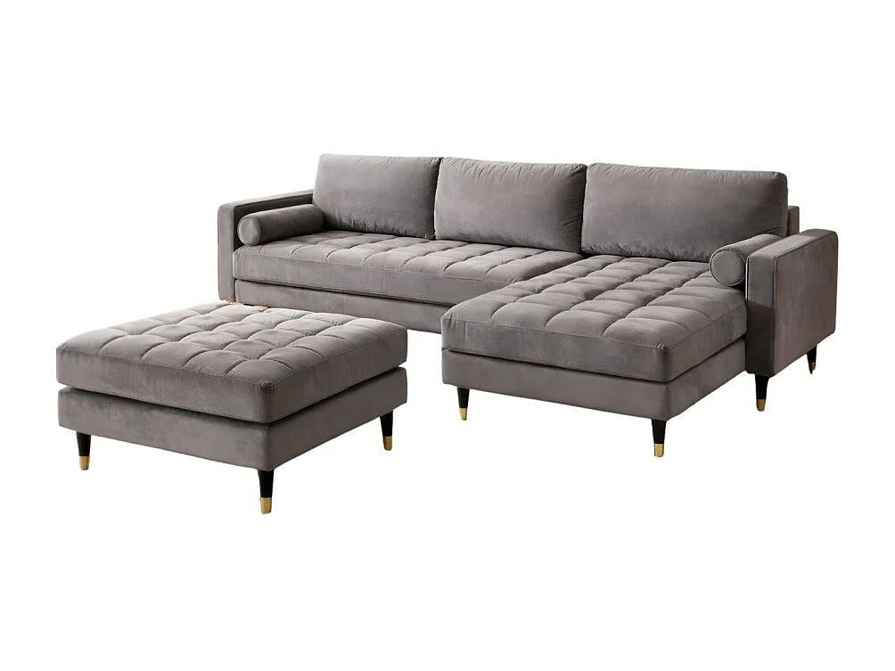 Canapé d'angle KOLIRI gris avec pouf – Canapé design en velours avec structure en bois massif