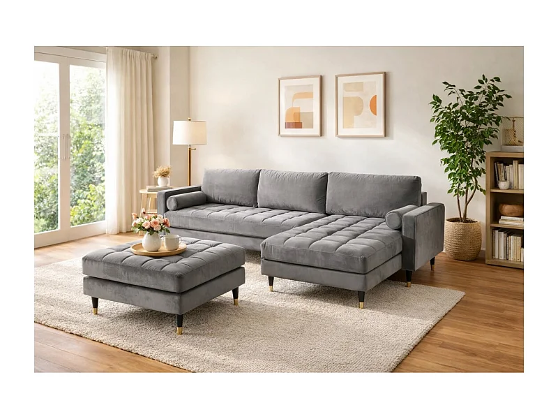 Sofá de esquina KOLIRI gris con puf - Sofá de diseño en terciopelo con estructura de madera maciza