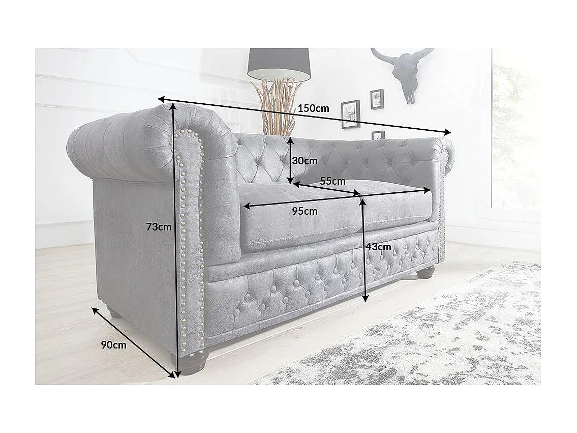 Canapé droit EDGAR – Gris bleuté – 2 places – Style baroque