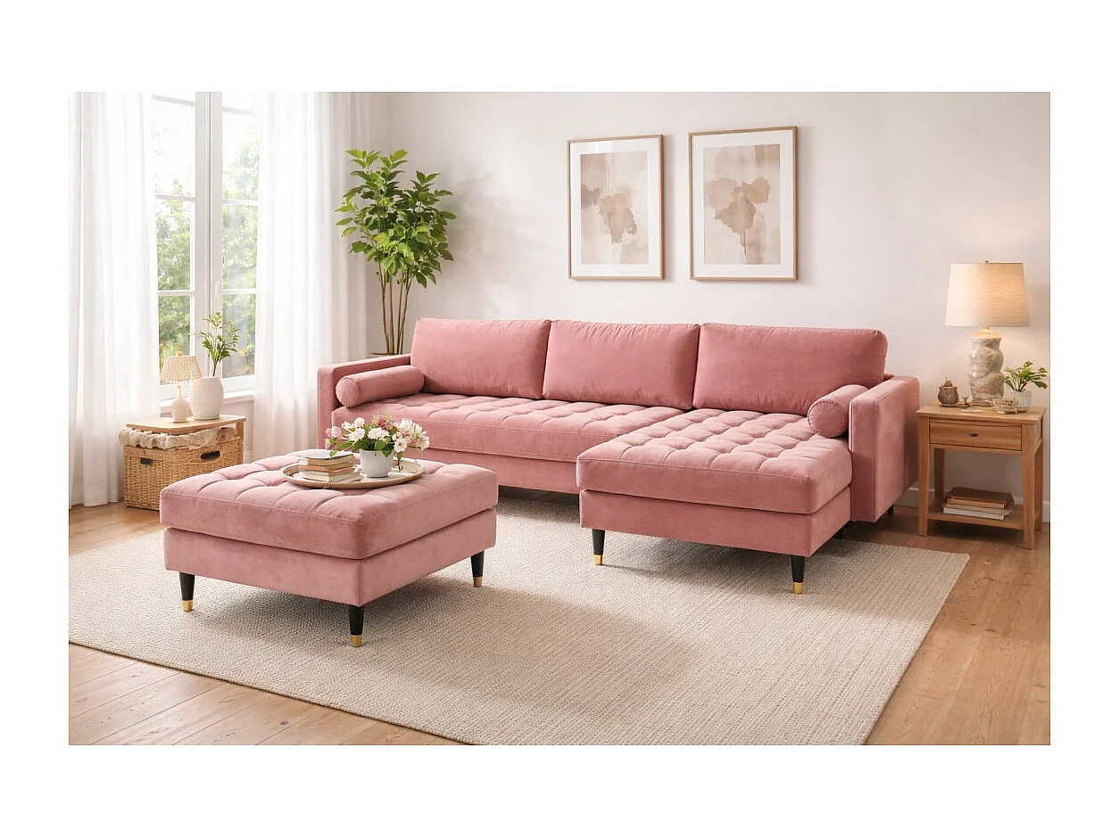 Canapé d'angle KOLIRI rose poudré avec pouf – Canapé design en velours avec structure en bois massif