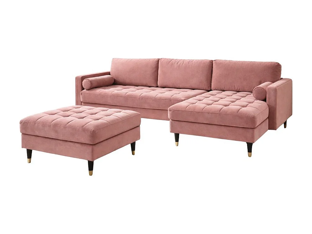 Canapé d'angle KOLIRI rose poudré avec pouf – Canapé design en velours avec structure en bois massif