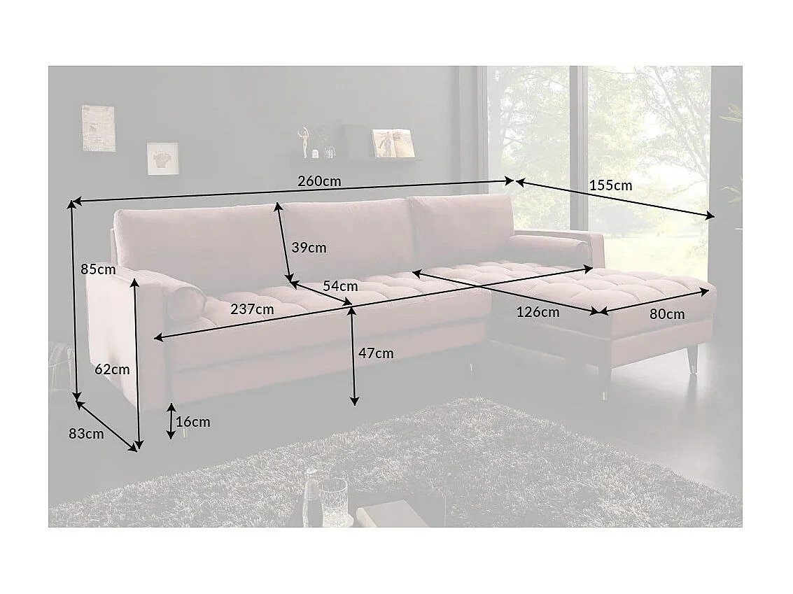 Canapé d'angle KOLIRI rose poudré avec pouf – Canapé design en velours avec structure en bois massif
