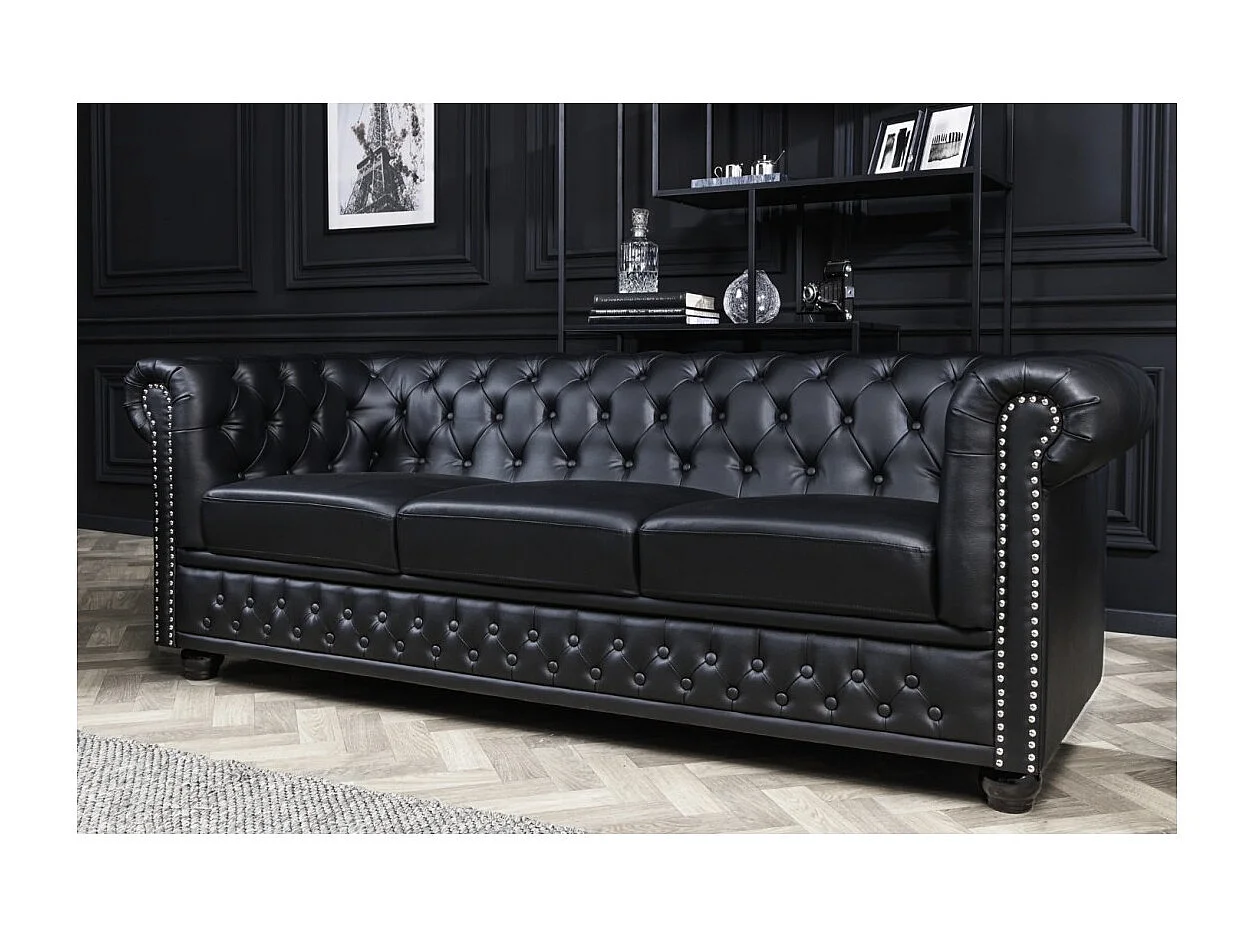 Rechte bank EDGAR - Glanzend zwart - 3 zitplaatsen - Barokstijl kunstleer