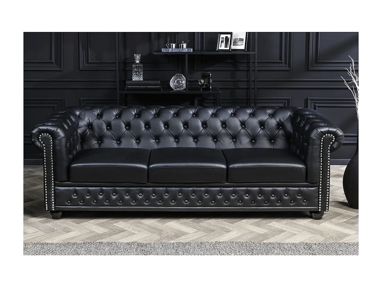 Rechte bank EDGAR - Glanzend zwart - 3 zitplaatsen - Barokstijl kunstleer