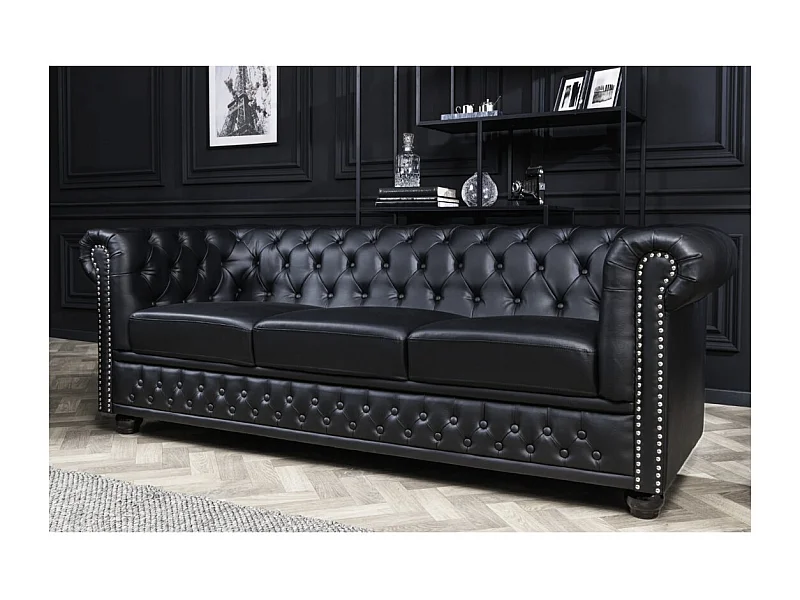 Rechte bank EDGAR - Glanzend zwart - 3 zitplaatsen - Barokstijl kunstleer