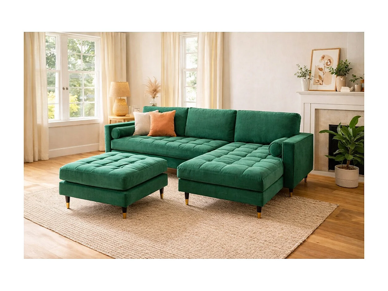Canapé d'angle KOLIRI vert émeraude avec pouf – Canapé design en velours avec structure en bois massif