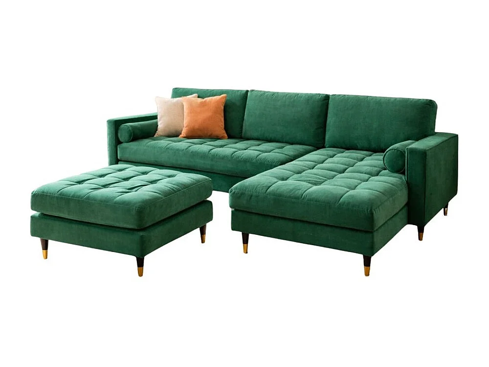 Canapé d'angle KOLIRI vert émeraude avec pouf – Canapé design en velours avec structure en bois massif