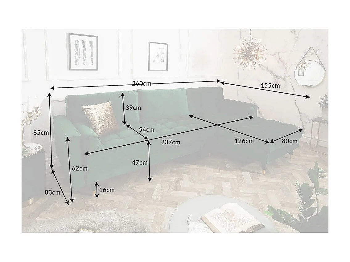 Canapé d'angle KOLIRI vert émeraude avec pouf – Canapé design en velours avec structure en bois massif