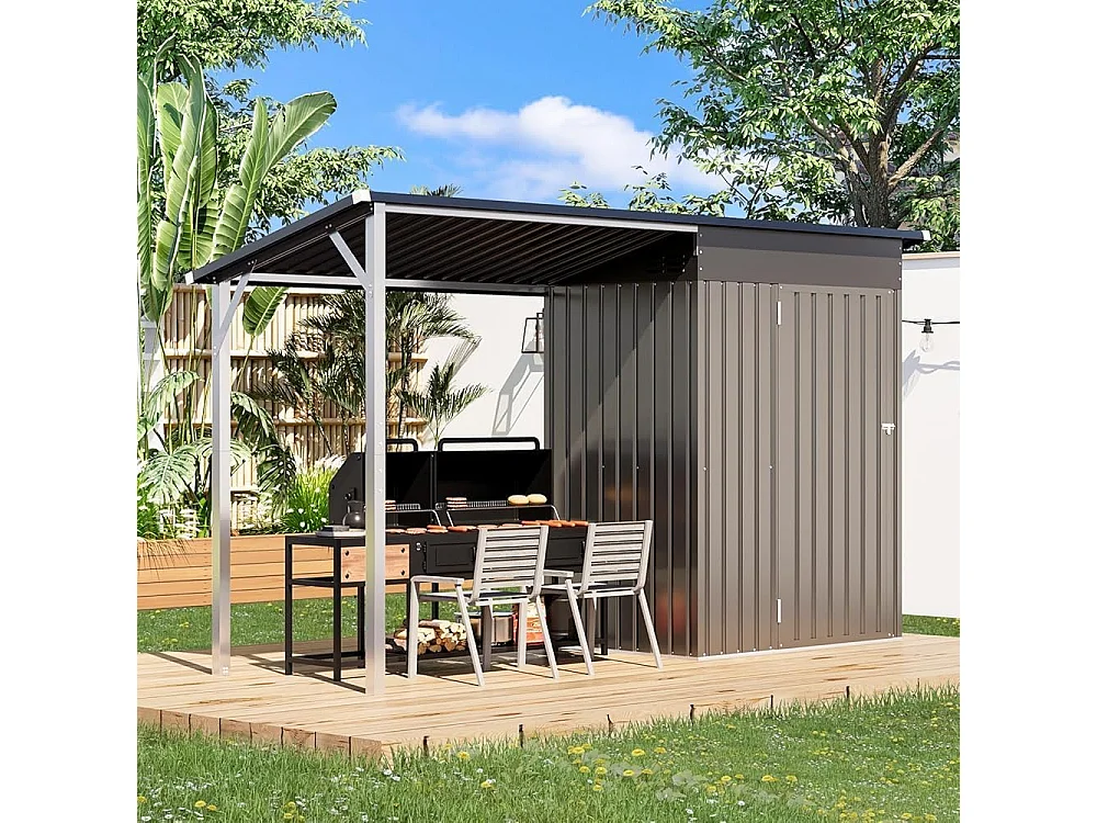 YODOLLA Metall-Wandgeräteschuppe, mit seitlich offenem Pergola-Dach, 297x112x185cm,Grau
