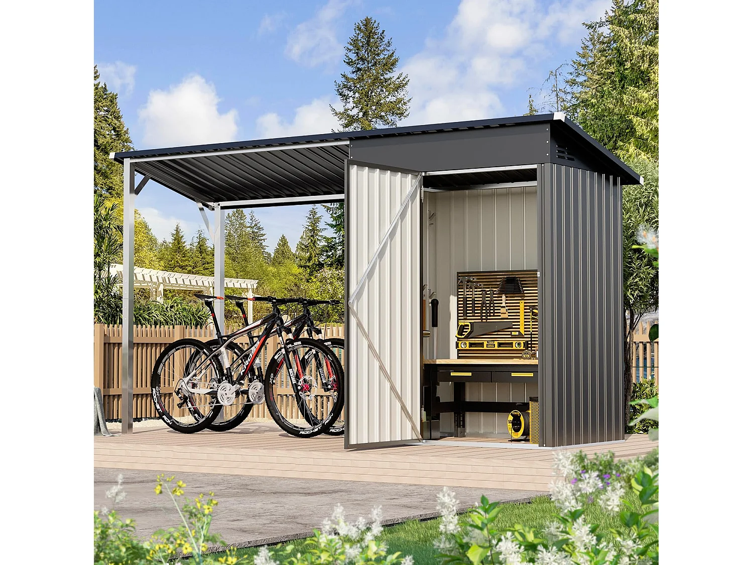 YODOLLA Metall-Wandgeräteschuppe, mit seitlich offenem Pergola-Dach, 297x112x185cm,Grau