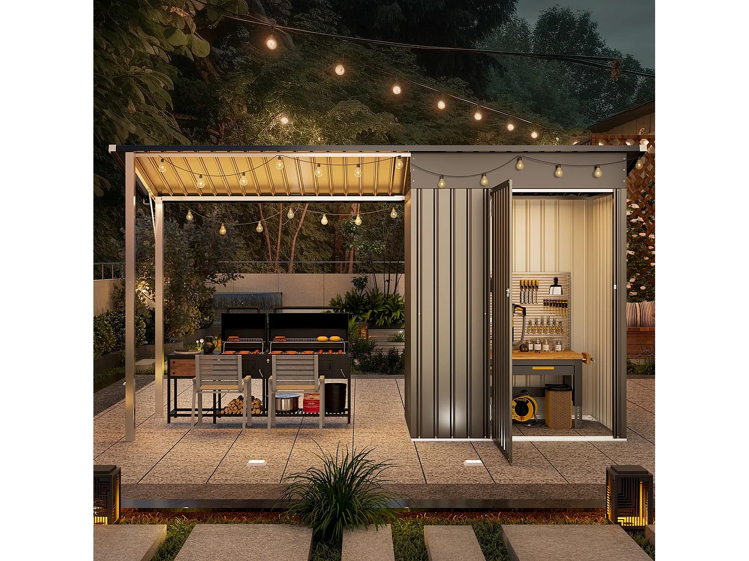 YODOLLA Metall-Wandgeräteschuppe, mit seitlich offenem Pergola-Dach, 297x112x185cm,Grau