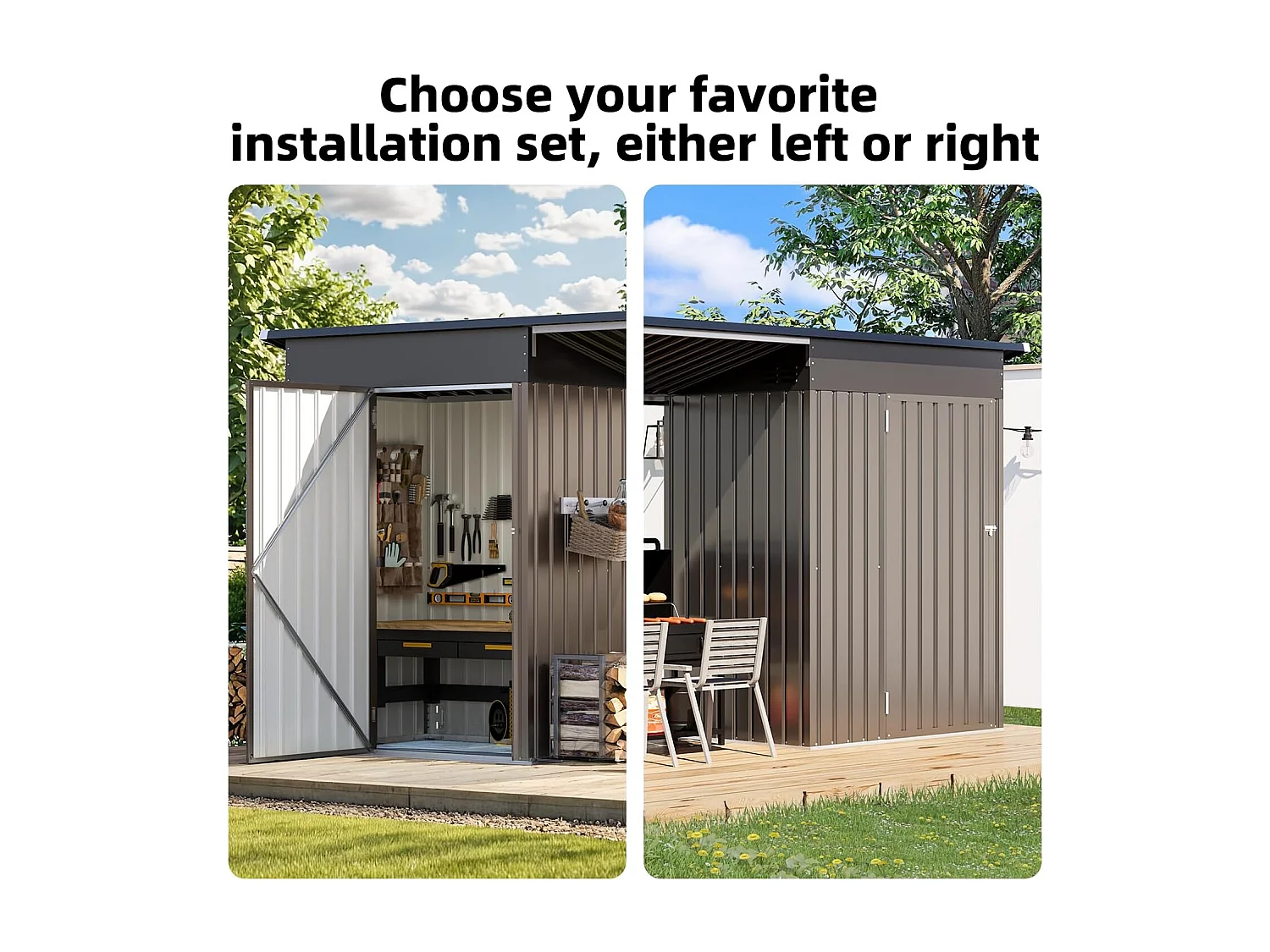 YODOLLA Metall-Wandgeräteschuppe, mit seitlich offenem Pergola-Dach, 297x112x185cm,Grau