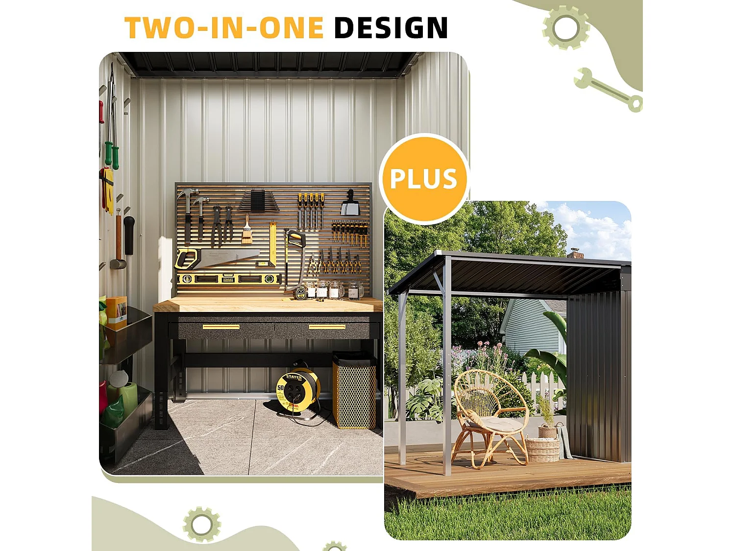 YODOLLA Metall-Wandgeräteschuppe, mit seitlich offenem Pergola-Dach, 297x112x185cm,Grau