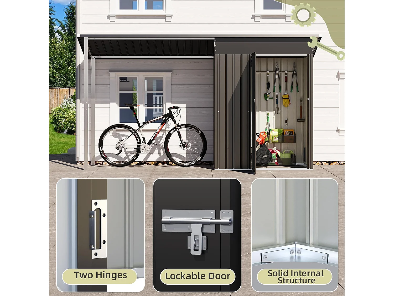 YODOLLA Metall-Wandgeräteschuppe, mit seitlich offenem Pergola-Dach, 297x112x185cm,Grau