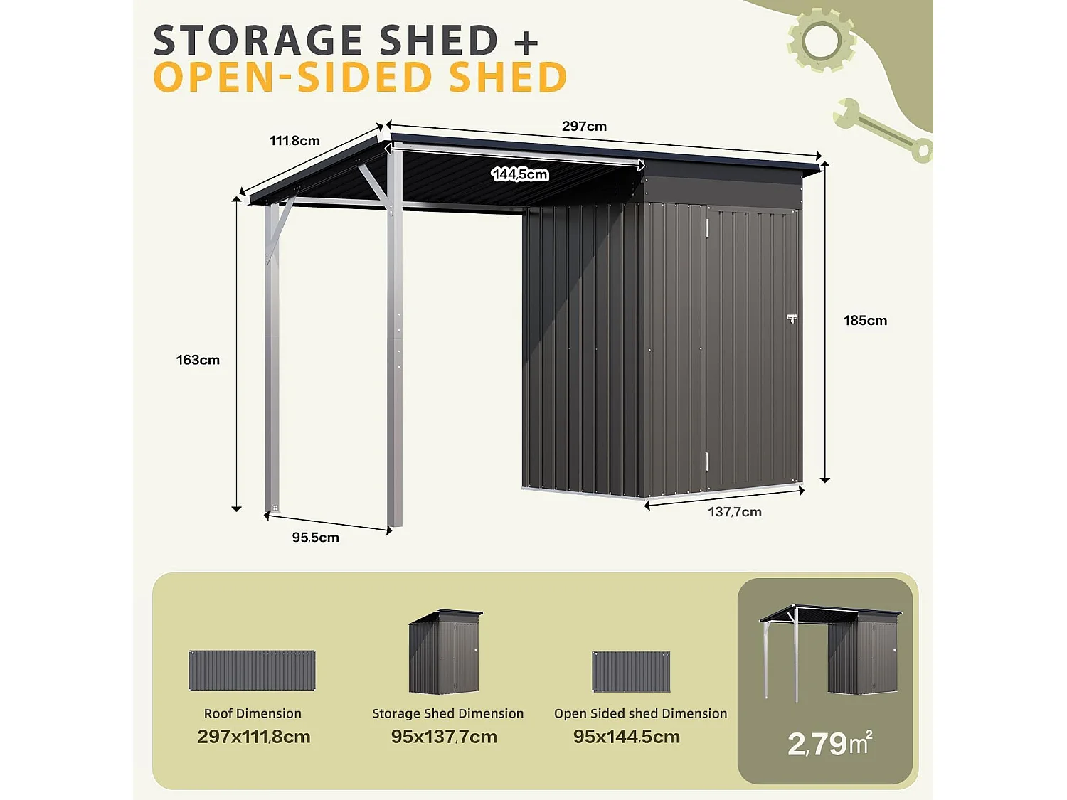 YODOLLA Metall-Wandgeräteschuppe, mit seitlich offenem Pergola-Dach, 297x112x185cm,Grau