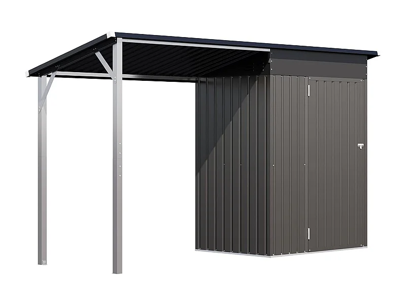 YODOLLA Metall-Wandgeräteschuppe, mit seitlich offenem Pergola-Dach, 297x112x185cm,Grau