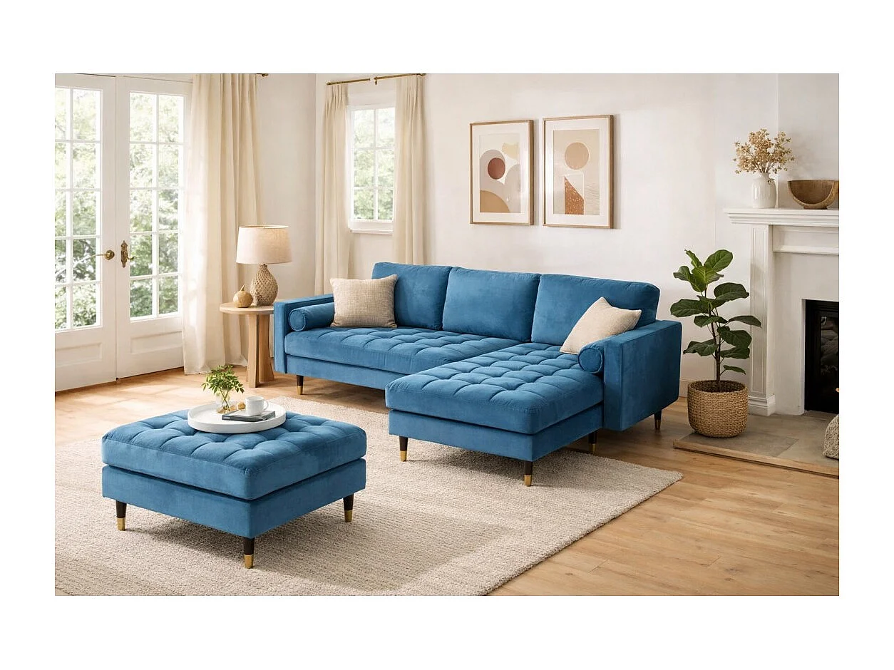 Hoekbank KOLIRI blauw met poef – Design bank in fluweel met massief houten structuur