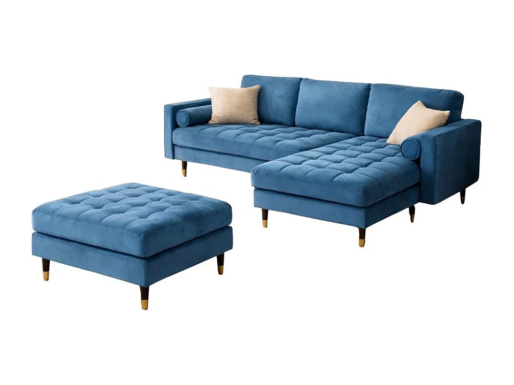 Hoekbank KOLIRI blauw met poef – Design bank in fluweel met massief houten structuur