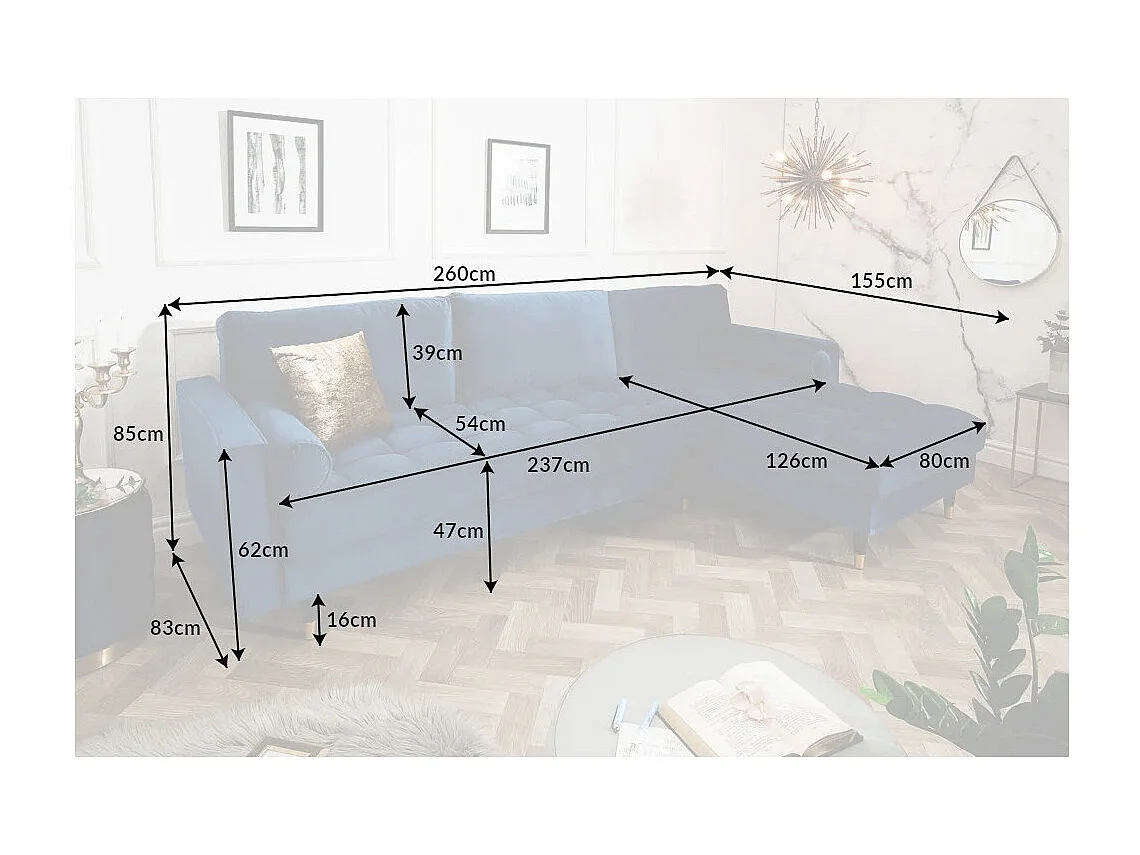 Hoekbank KOLIRI blauw met poef – Design bank in fluweel met massief houten structuur