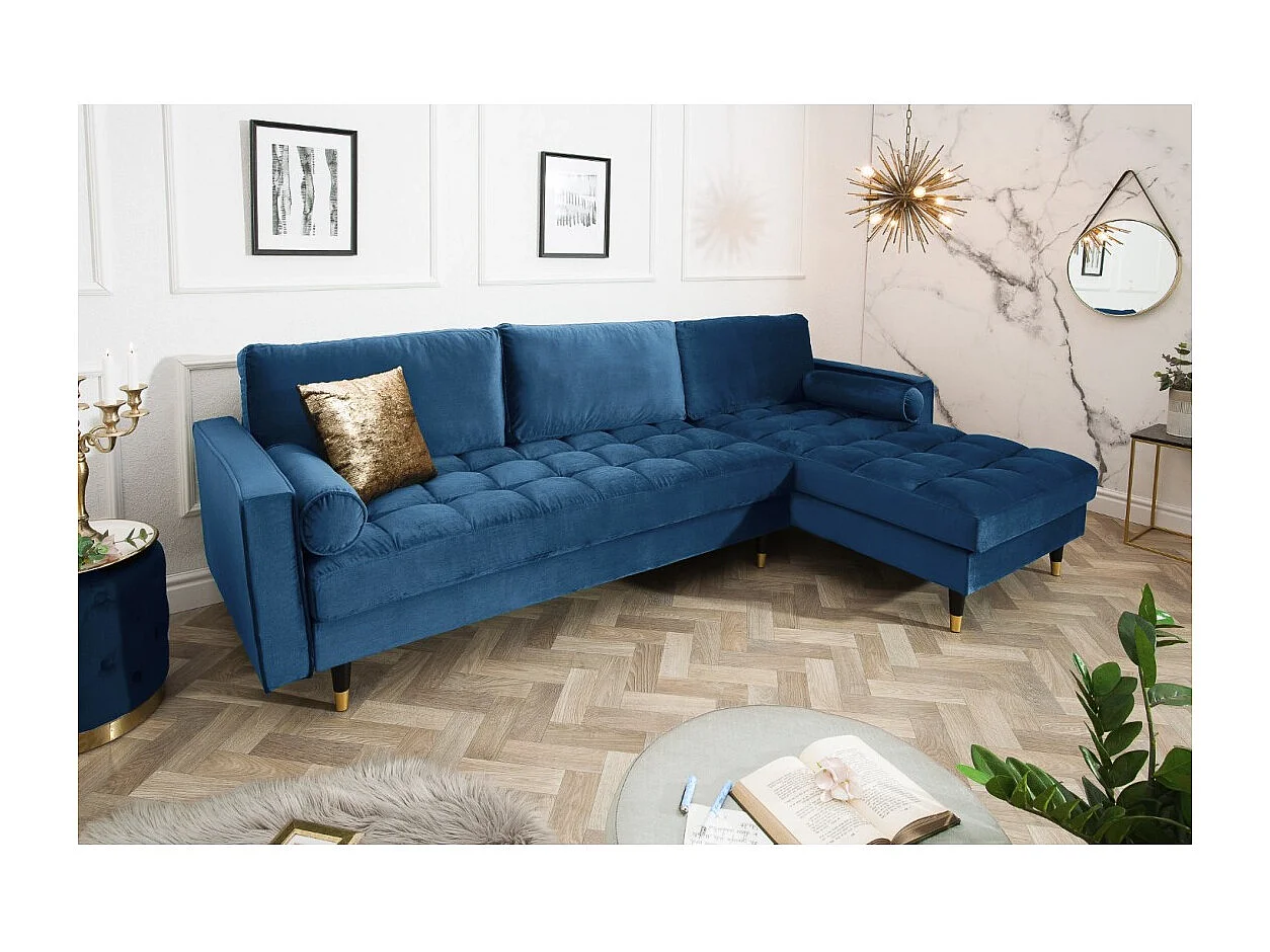 Hoekbank KOLIRI blauw met poef – Design bank in fluweel met massief houten structuur