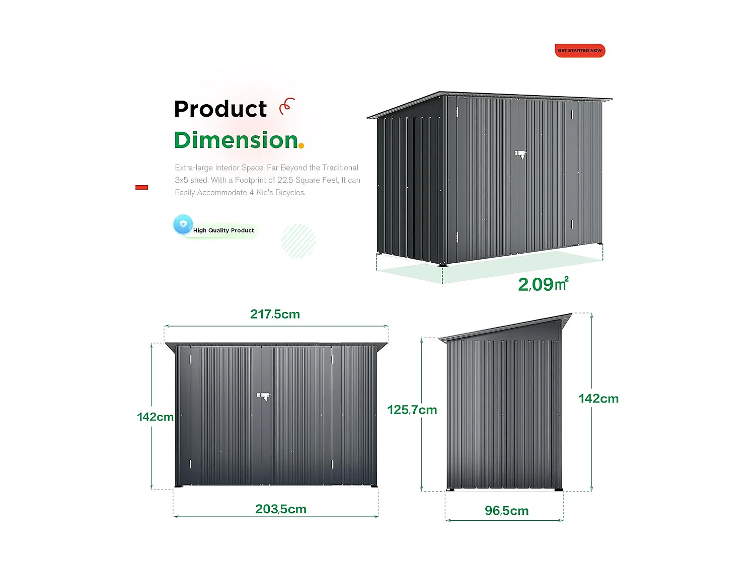 YODOLLA Fahrradschuppen aus Metall, wasserdichtes & abschließbares Gerätehaus für Garten, 217x96x141cm, Grau