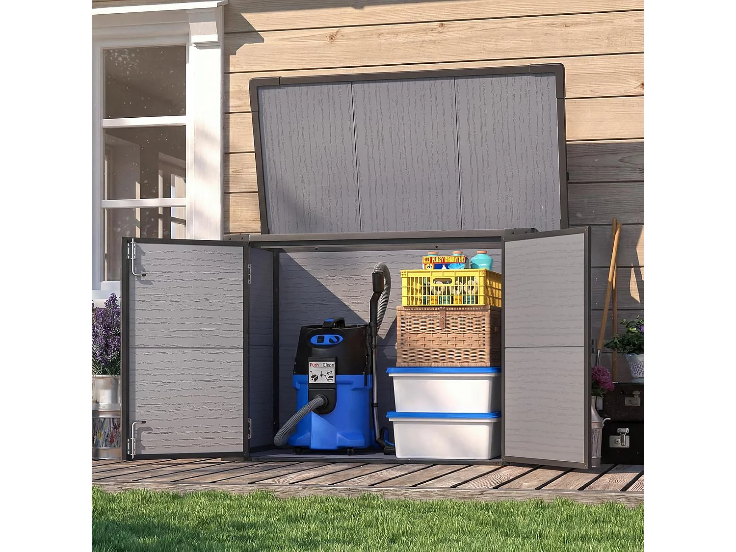 YODOLLA Garten-Aufbewahrungsbox,wetterfester Kunststoffschuppen mit abschließbarem Deckel für Garten & Terrasse, 132x76x90cm,Grau