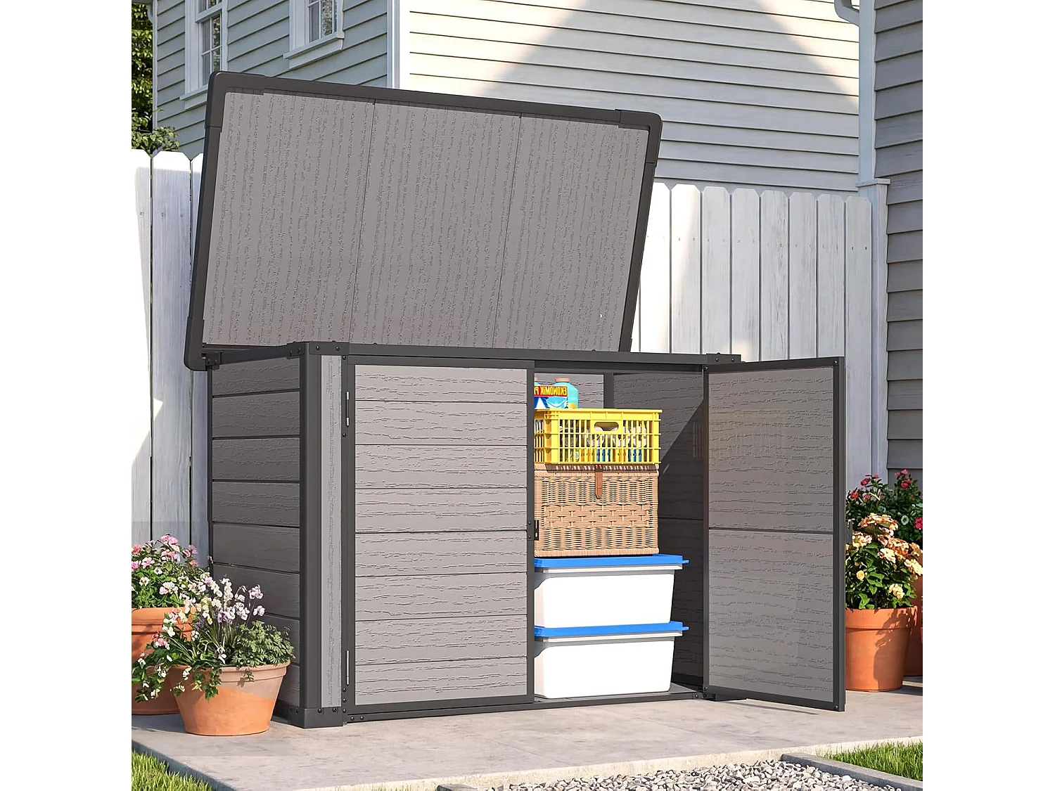 YODOLLA Garten-Aufbewahrungsbox,wetterfester Kunststoffschuppen mit abschließbarem Deckel für Garten & Terrasse, 132x76x90cm,Grau