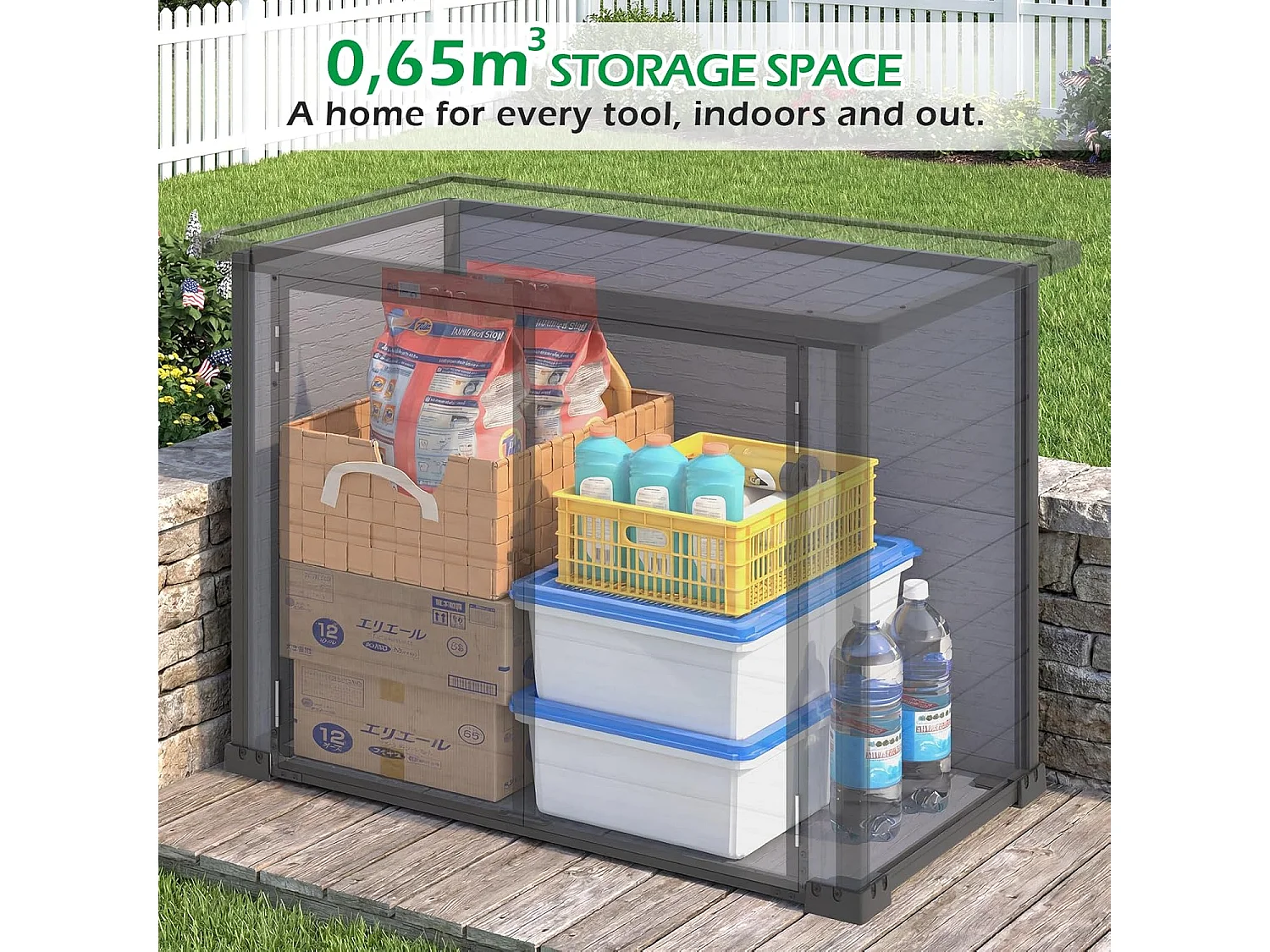 YODOLLA Garten-Aufbewahrungsbox,wetterfester Kunststoffschuppen mit abschließbarem Deckel für Garten & Terrasse, 132x76x90cm,Grau