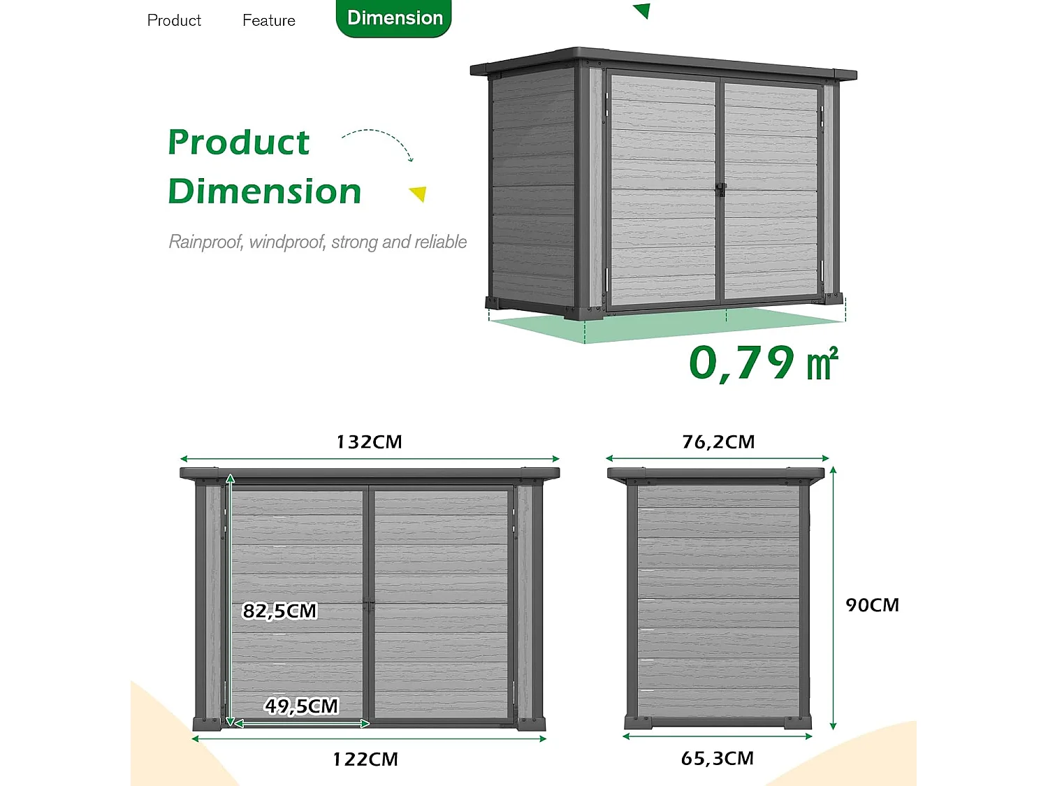 YODOLLA Garten-Aufbewahrungsbox,wetterfester Kunststoffschuppen mit abschließbarem Deckel für Garten & Terrasse, 132x76x90cm,Grau