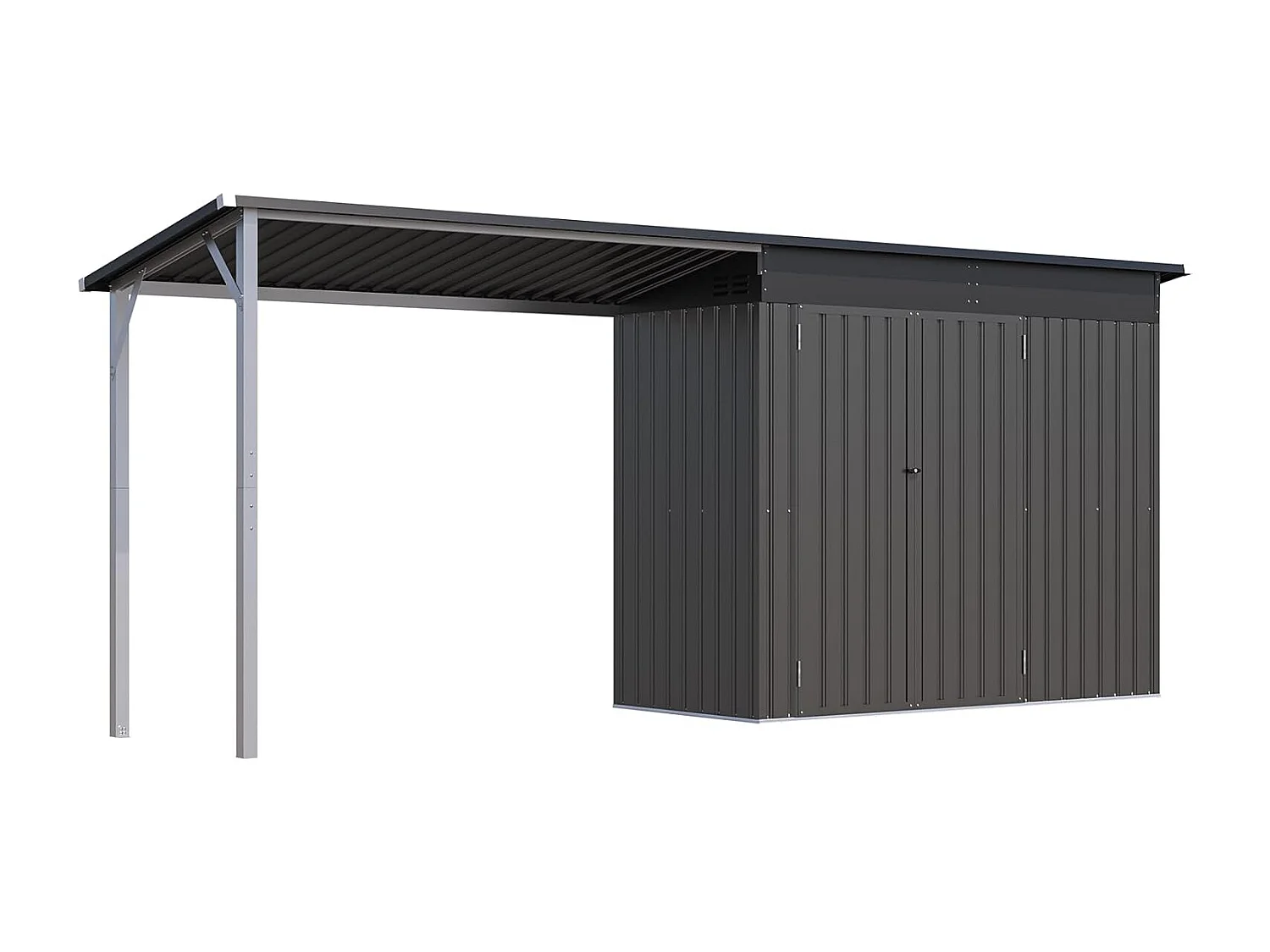 YODOLLA Metall-Wandgeräteschuppen, mit seitlich offenem Pergola-Dach, 426x132x185cm, Grau