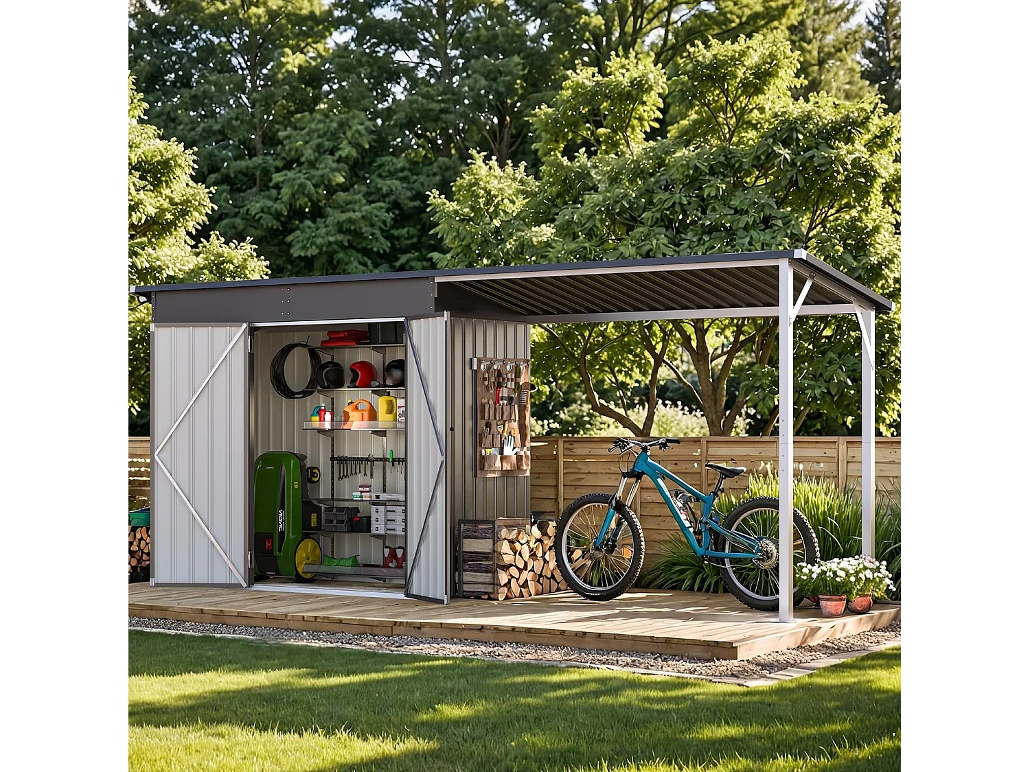 YODOLLA Metall-Wandgeräteschuppen, mit seitlich offenem Pergola-Dach, 426x132x185cm, Grau