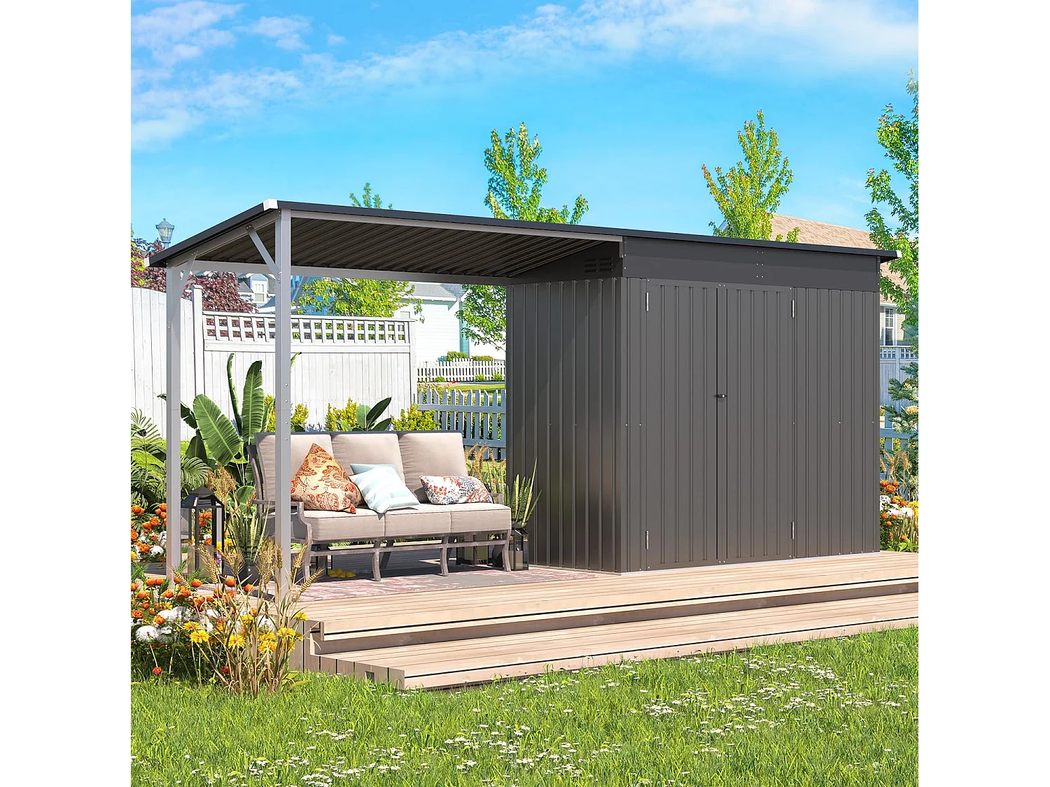 YODOLLA Metall-Wandgeräteschuppen, mit seitlich offenem Pergola-Dach, 426x132x185cm, Grau