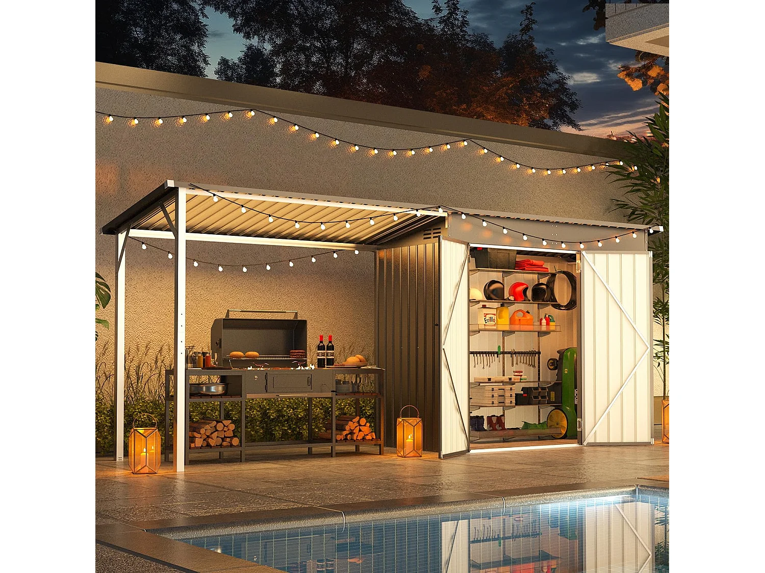 YODOLLA Metall-Wandgeräteschuppen, mit seitlich offenem Pergola-Dach, 426x132x185cm, Grau