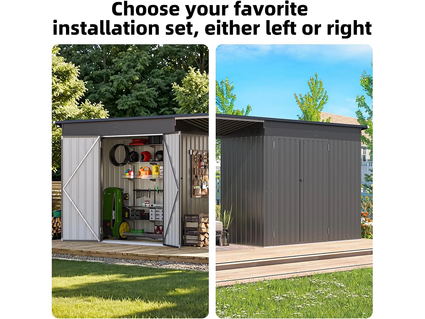 YODOLLA Metall-Wandgeräteschuppen, mit seitlich offenem Pergola-Dach, 426x132x185cm, Grau