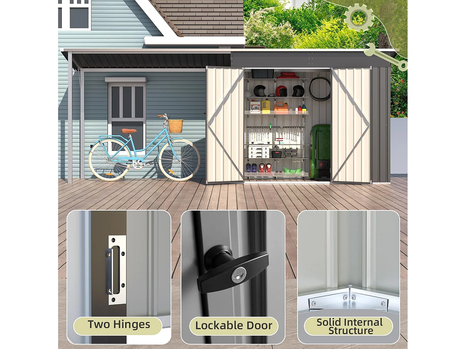 YODOLLA Metall-Wandgeräteschuppen, mit seitlich offenem Pergola-Dach, 426x132x185cm, Grau