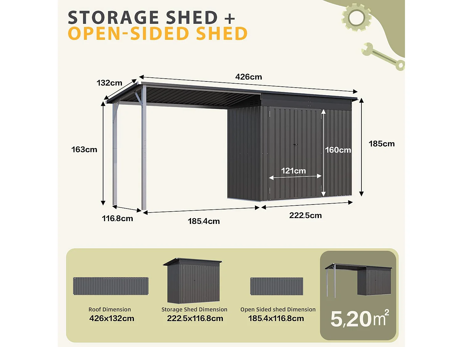 YODOLLA Metall-Wandgeräteschuppen, mit seitlich offenem Pergola-Dach, 426x132x185cm, Grau