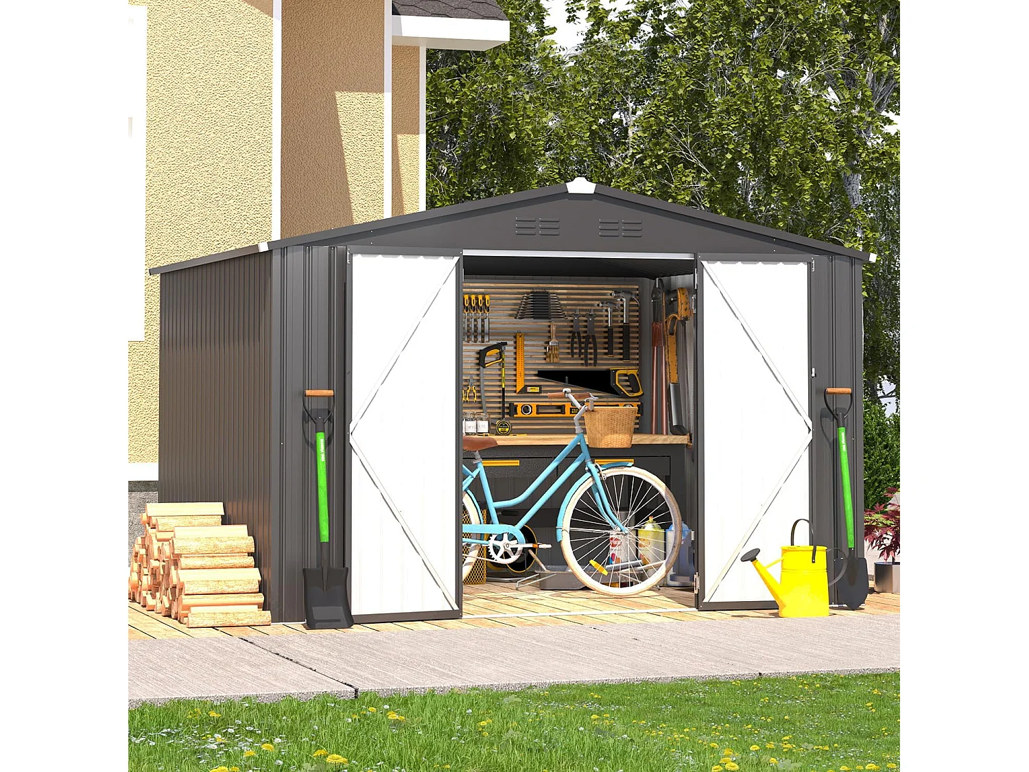 YODOLLA Metall-Geräteschuppen, mit abschließbaren Türen für Garten und Terrasse, 296x244x196cm,Dunkelgrau