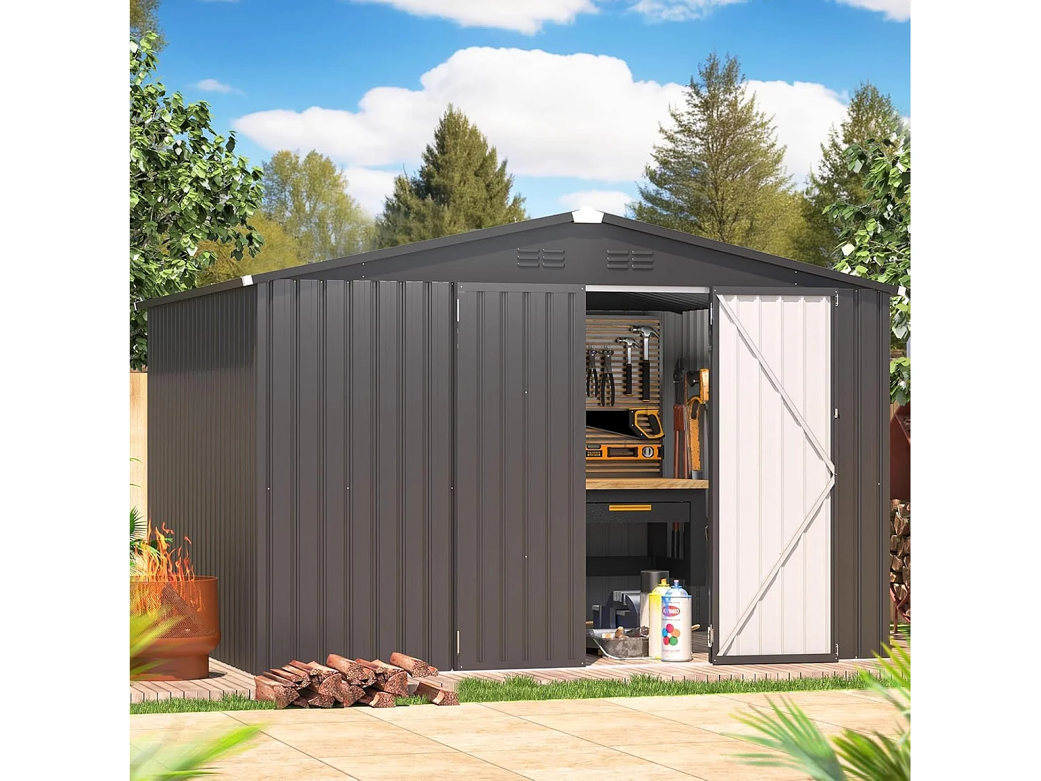 YODOLLA Metall-Geräteschuppen, mit abschließbaren Türen für Garten und Terrasse, 296x244x196cm,Dunkelgrau