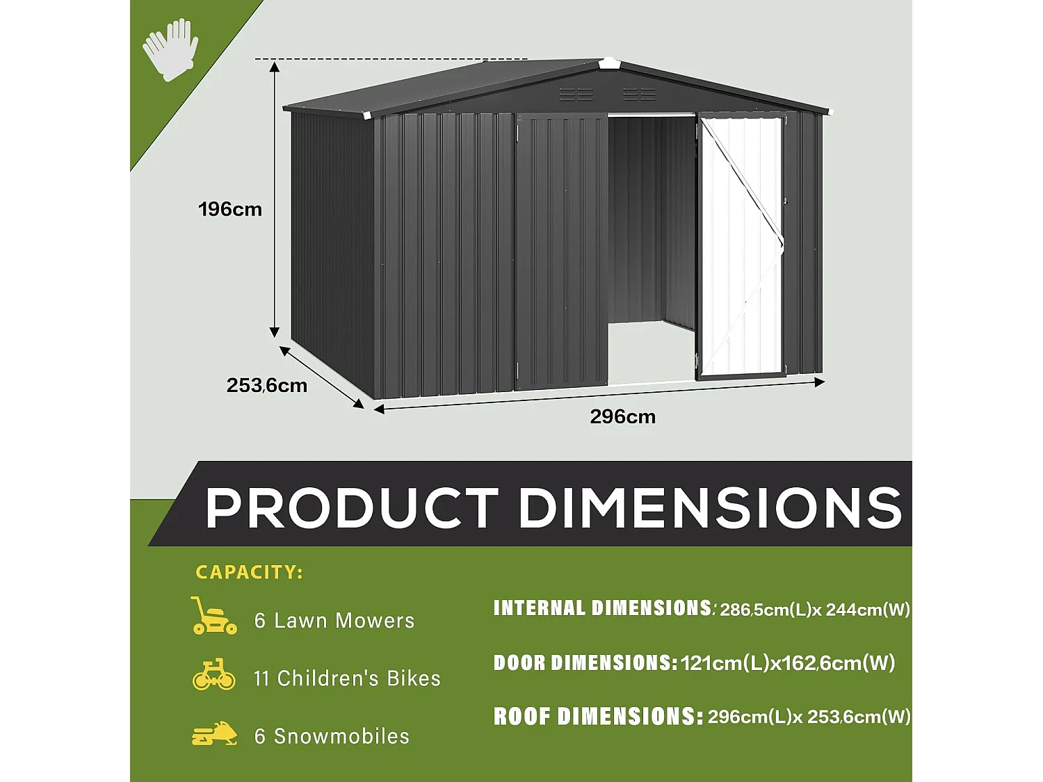 YODOLLA Metall-Geräteschuppen, mit abschließbaren Türen für Garten und Terrasse, 296x244x196cm,Dunkelgrau