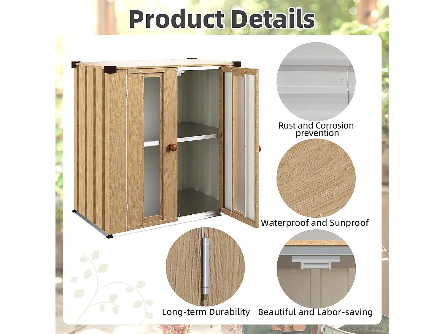 YODOLLA Gartenschrank in Holzoptik, wetterfester Aufbewahrungsschrank mit Böden für die Terrasse