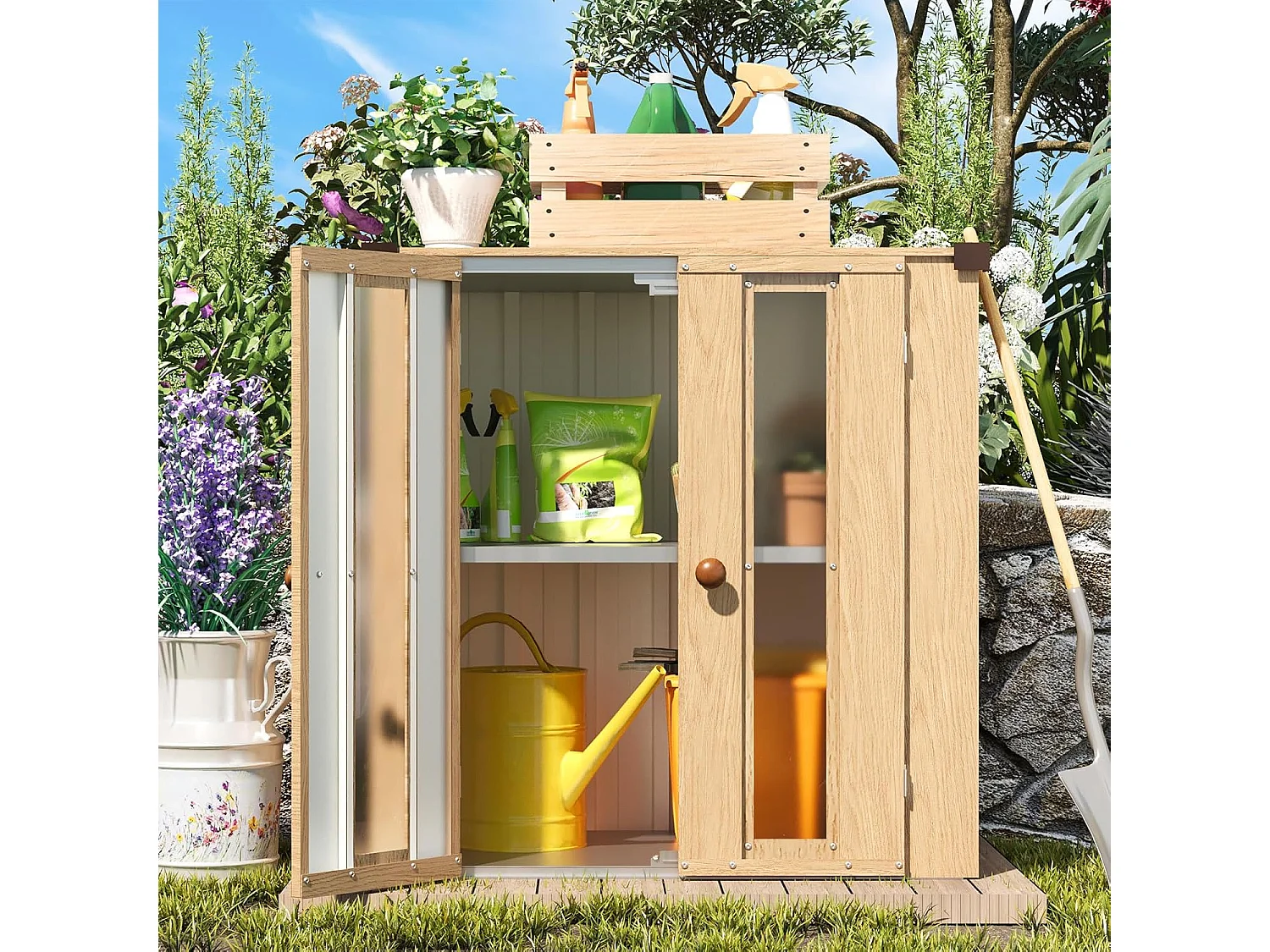 YODOLLA Gartenschrank in Holzoptik, wetterfester Aufbewahrungsschrank mit Böden für die Terrasse