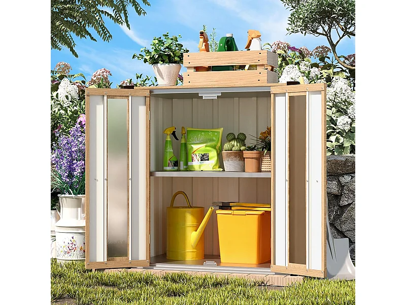 YODOLLA Gartenschrank in Holzoptik, wetterfester Aufbewahrungsschrank mit Böden für die Terrasse