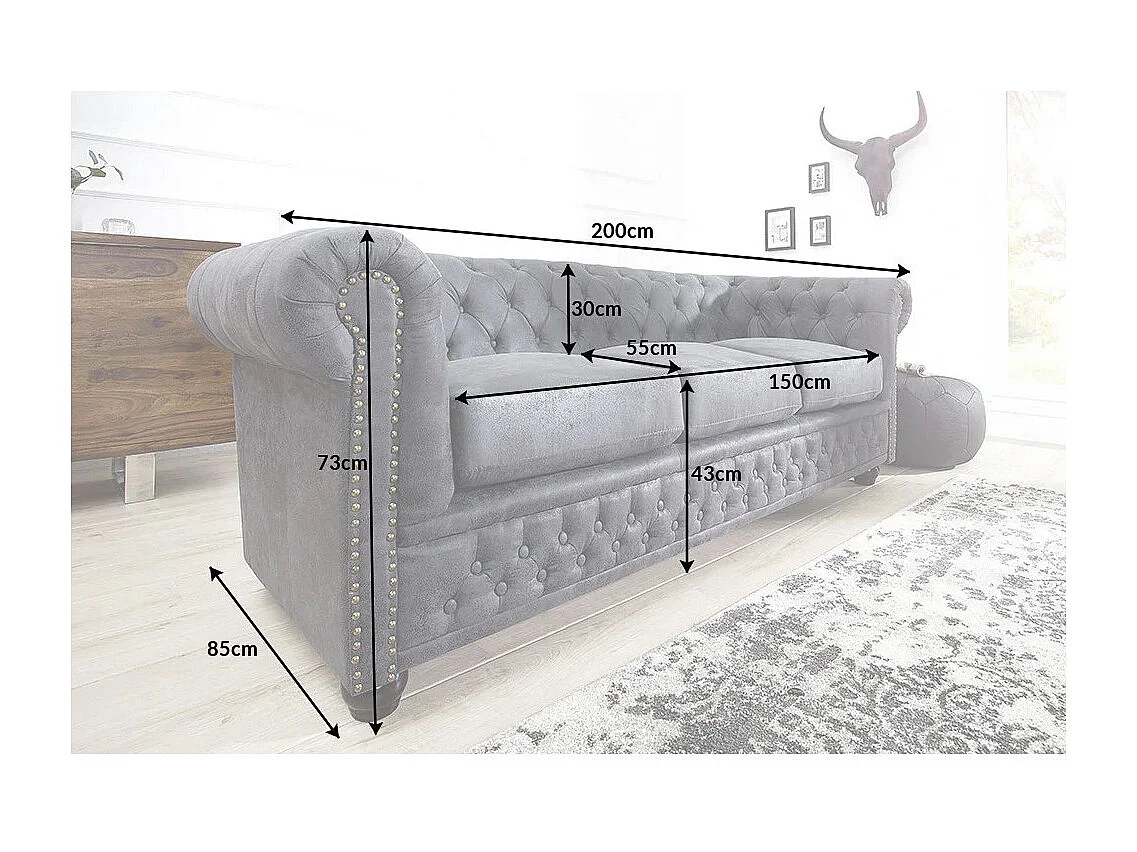 Canapé droit EDGAR – Gris bleuté – 3 places – Style baroque